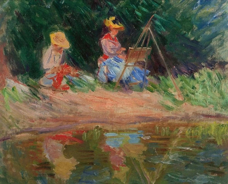 Blanche Monet กำลังวาดภาพกับน้องสาว Suzanne ริมน้ำ - Claude Monet