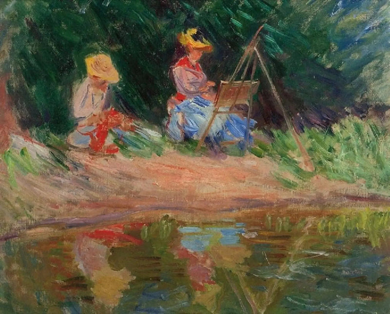 Blanche Monet กำลังวาดภาพกับน้องสาว Suzanne ริมน้ำ - Claude Monet