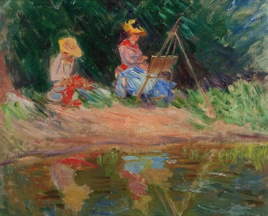 Blanche Monet กำลังวาดภาพกับน้องสาว Suzanne ริมน้ำ - Claude Monet