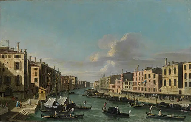 Blick auf den Canal Grande nach Südwesten, von der Rialto Brücke bis zum Palazzo Foscari - Canaletto image 1 reproduction de peinture à l’huile