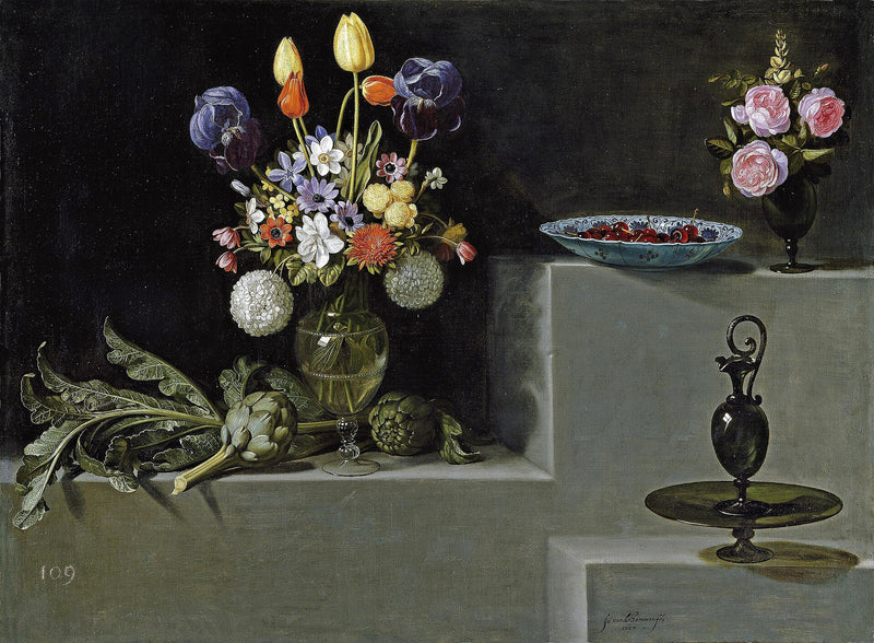 Nature morte avec artichauts, fleurs et verrerie - Juan van der Hamen