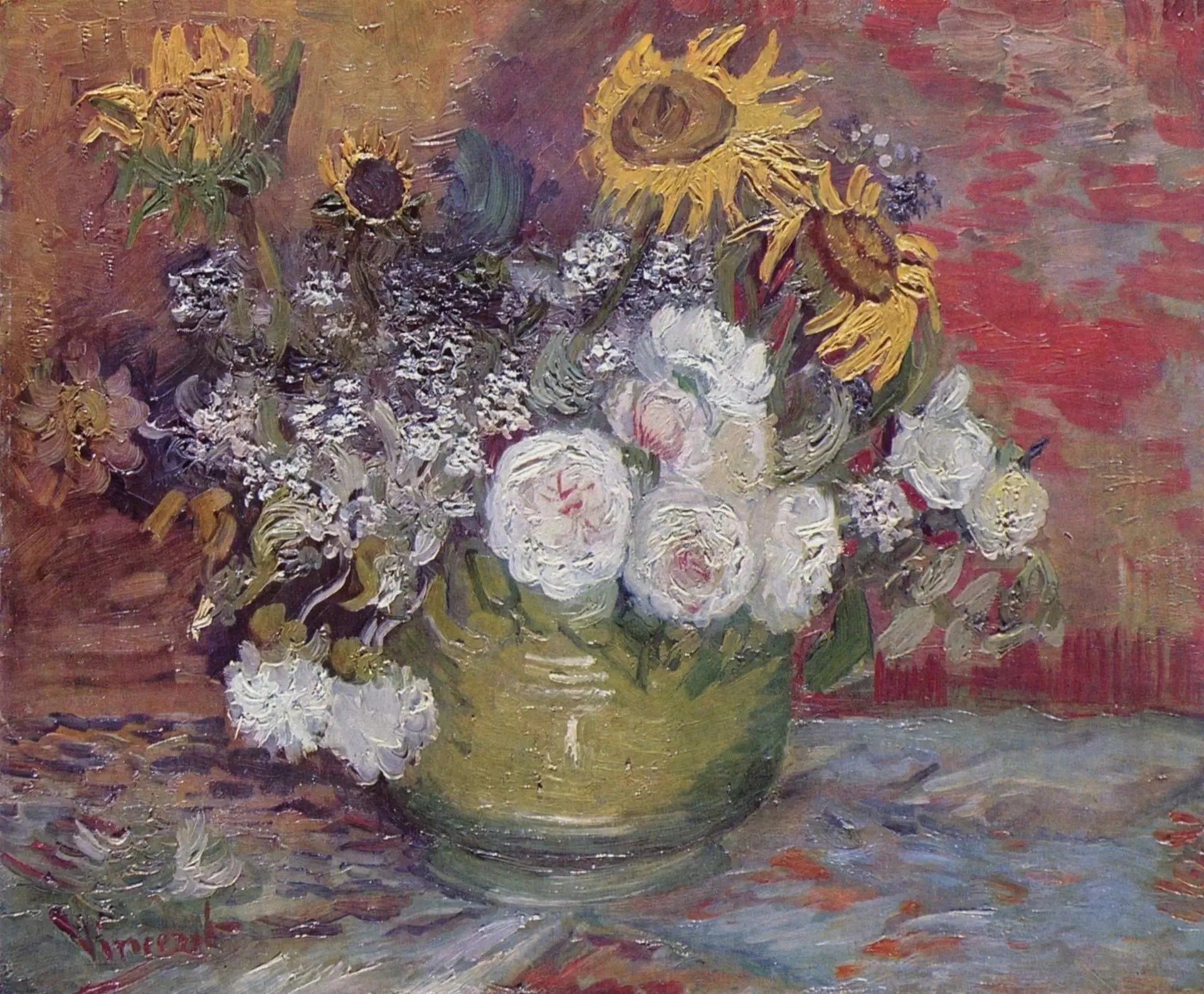 Bol avec tournesols, roses et autres fleurs - Vincent van Gogh image 1 copie de tableau peinte à la main