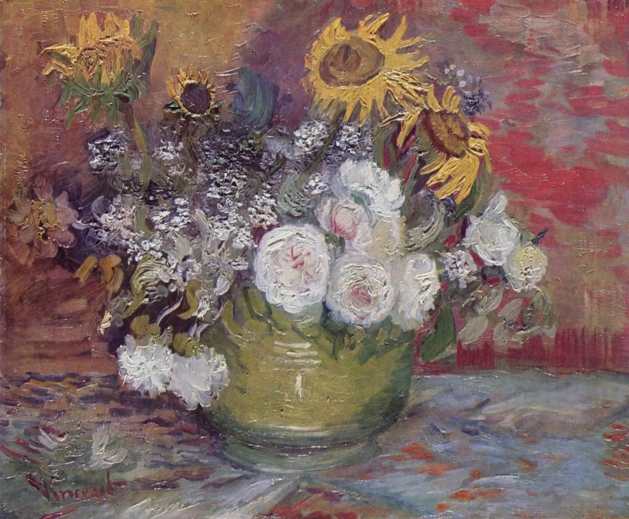 ชามพร้อมดอกทานตะวัน กุหลาบ และดอกไม้อื่น ๆ - Vincent van Gogh