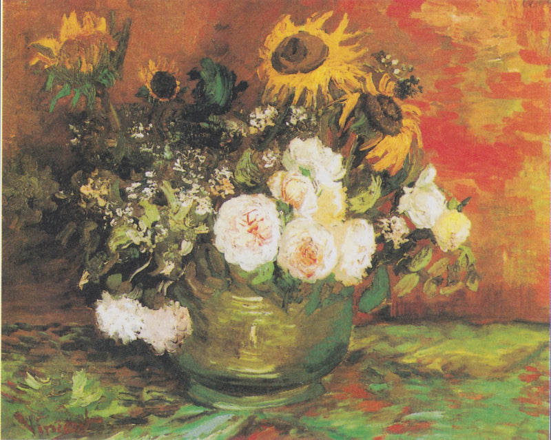 ชามพร้อมดอกทานตะวัน กุหลาบ และดอกไม้อื่น ๆ - Vincent van Gogh