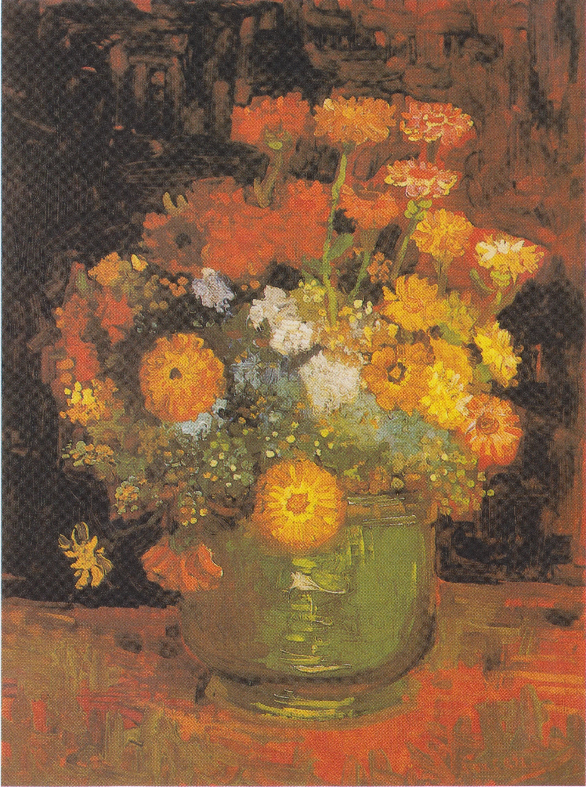Bol avec zinnias F252 — bouquet orange, jaune et vert peint par Vincent van Gogh à Paris