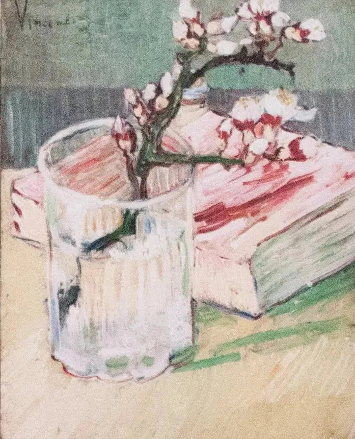 กิ่งอัลมอนด์ที่มีดอกไม้ในแก้วพร้อมหนังสือ - Vincent van Gogh