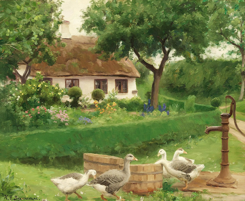 เป็ดหนึ่งตัวกับปั๊มน้ำอยู่ด้านหลังฟาร์มที่มีหลังคามุงฟาง - H. A. Brendekilde