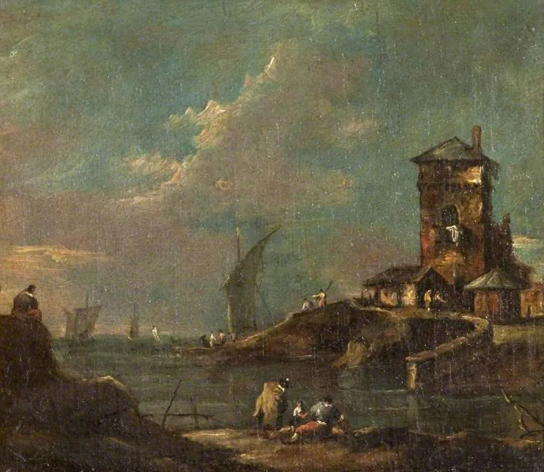 Capriccio avec tour rustique, maisons et bateaux - Francesco Guardi image 1 tableau peint à l’huile sur toile