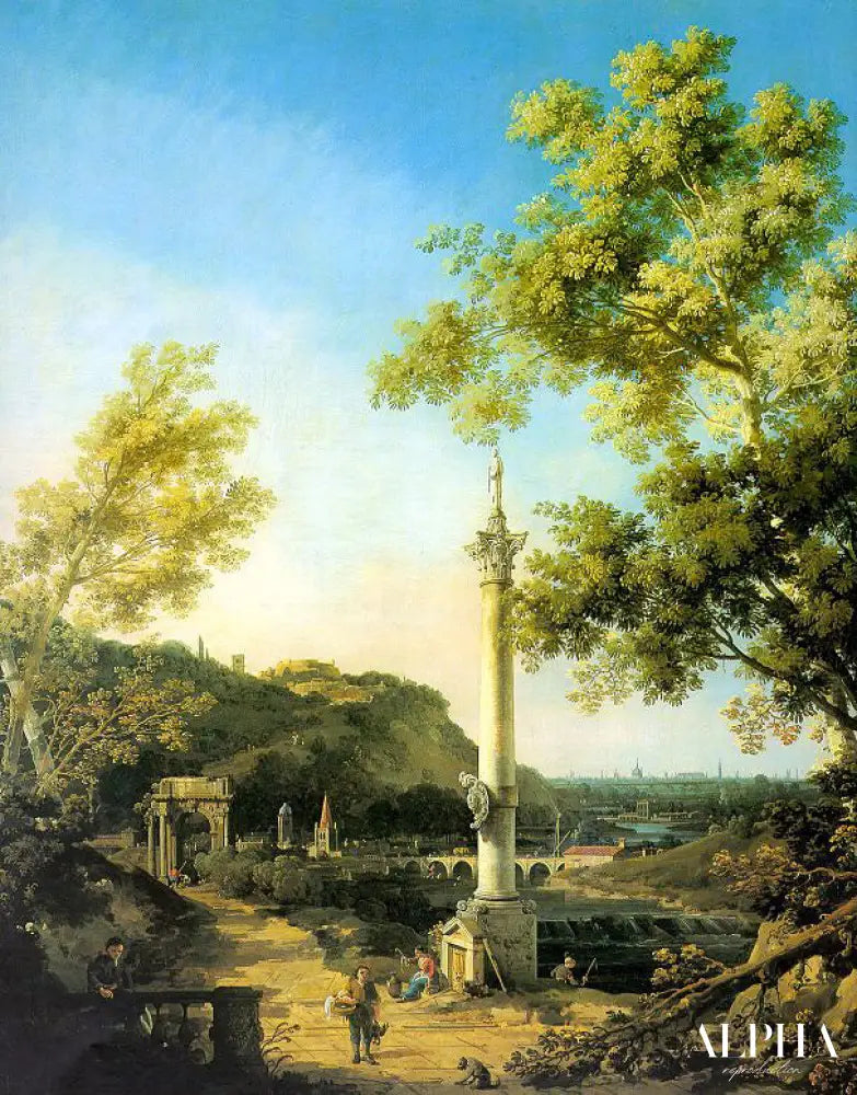 Capriccio : Paysage de rivière avec une colonne - Giovanni Antonio Canal - Reproductions de tableaux et peintures haut de gamme