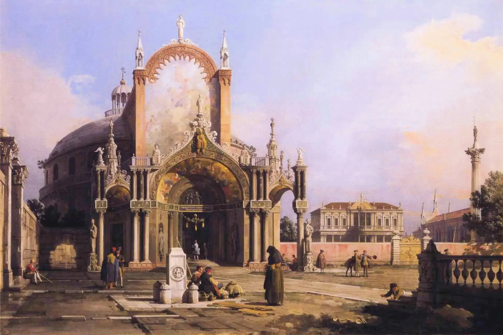 Capriccio : une église ronde avec un portique gothique élaboré sur une place, une place palladienne et une église gothique en arrière-plan - Canaletto image 1 reproduction artisanale de tableau