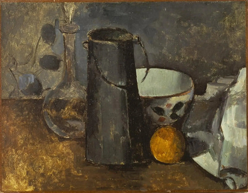 เหยือก, กล่องนม, ชาม และส้ม - Paul Cézanne