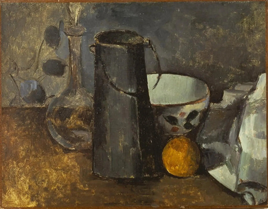 เหยือก, กล่องนม, ชาม และส้ม - Paul Cézanne