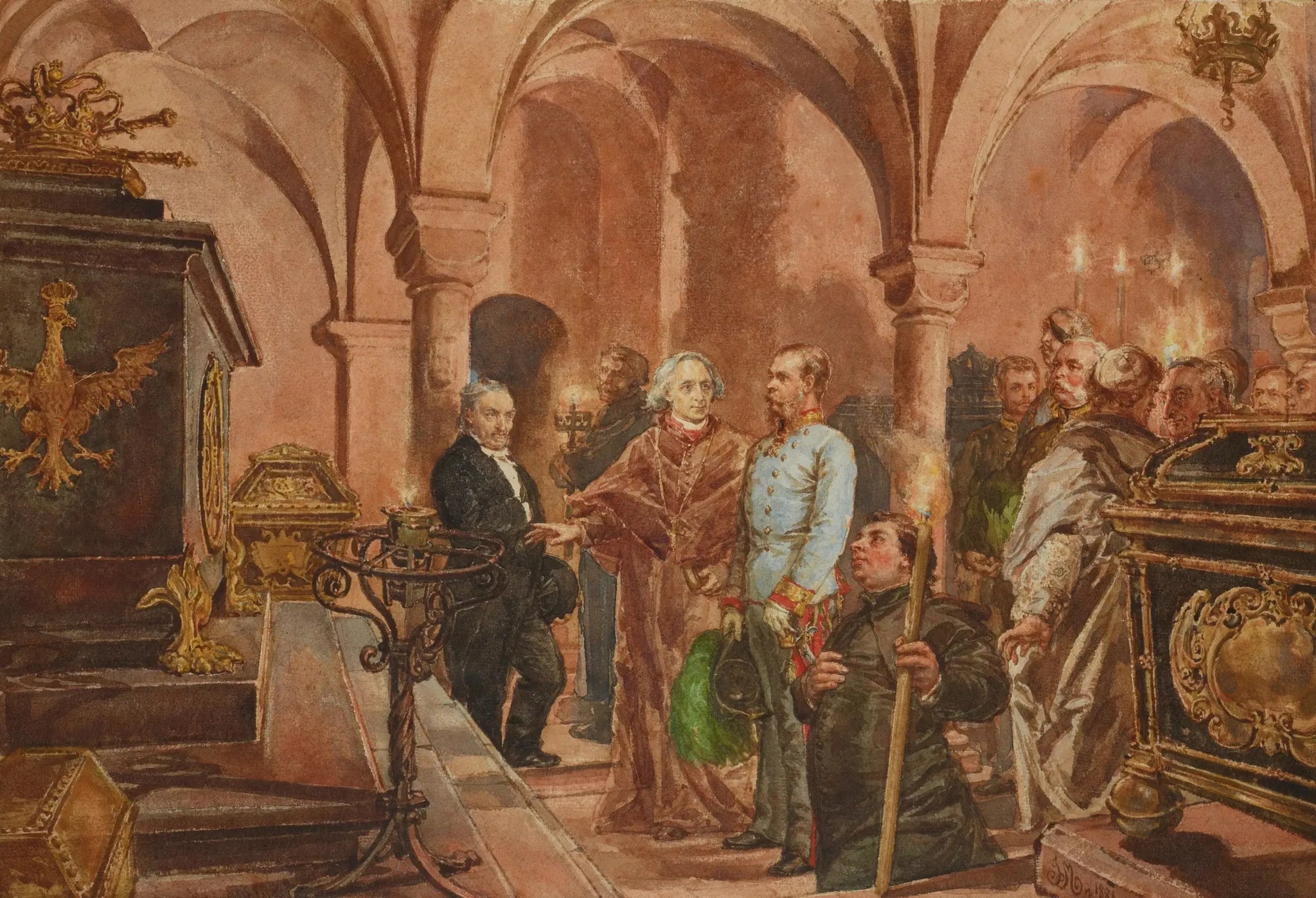 Cesarz przed sarkofagiem króla Jana III Sobieskiego w krypcie św. Leonarda w katedrze na Wawelu - Jan Matejko image 1 tableau peint à l’huile sur toile