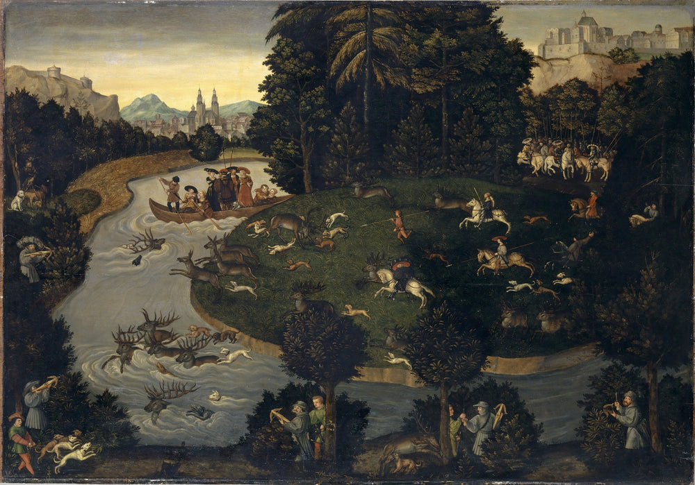 Chasse aux cerfs de Frédéric le Sage avec l'empereur Maximilien Ier - Lucas Cranach the Elder image 1 copie de tableau peinte à la main