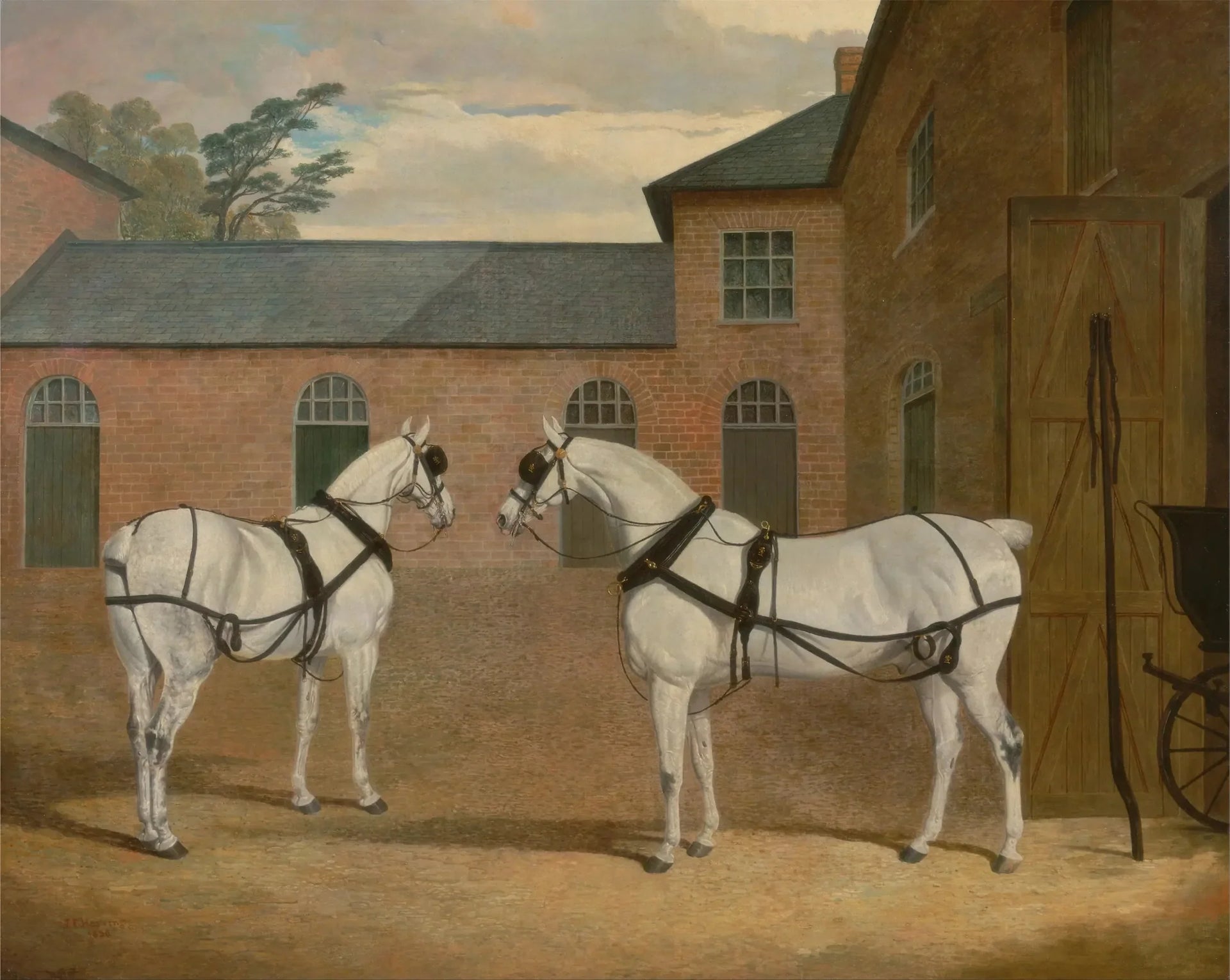 Chevaux de calèche gris dans la cour des carrosses de Putteridge Bury, Hertfordshire - John Frederick Herring, Sr. image 1 reproduction artisanale de tableau