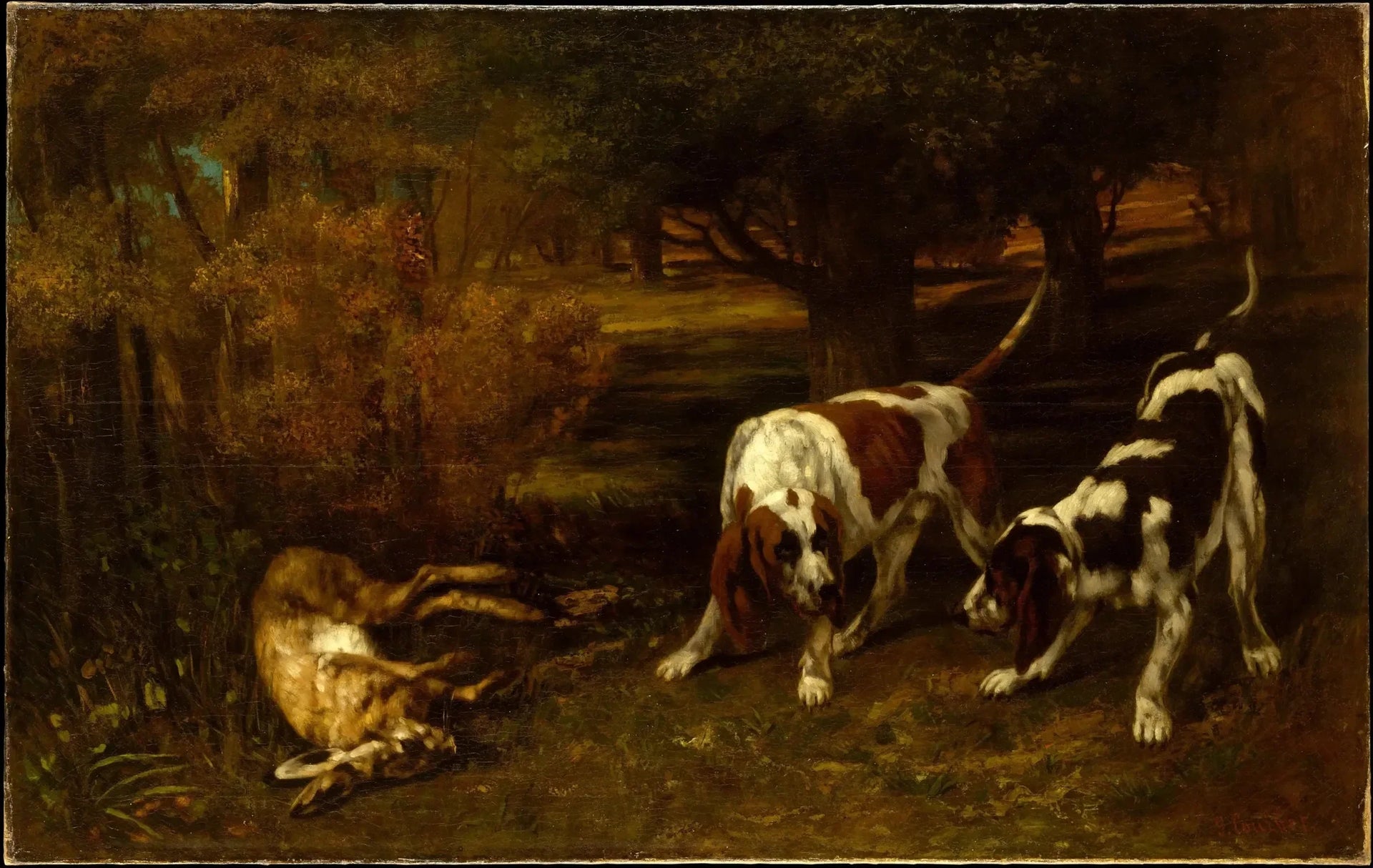 Chiens de chasse et lièvre mort - Gustave Courbet image 1 tableau peint à l’huile sur toile