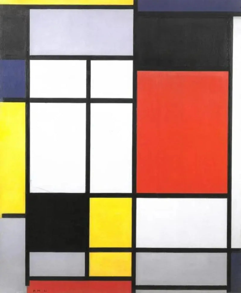 การจัดองค์ประกอบด้วยสีเหลือง สีน้ำเงิน สีดำ สีแดง และสีเทา - Piet Mondrian