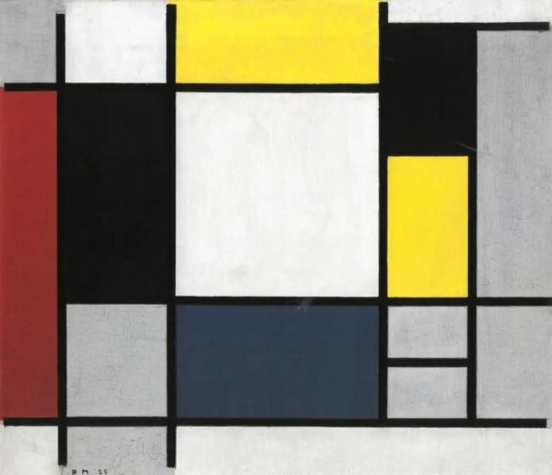การจัดองค์ประกอบด้วยสีเหลือง สีแดง สีดำ สีน้ำเงิน และสีเทา - Piet Mondrian