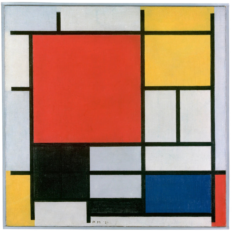 การจัดองค์ประกอบด้วยแผนใหญ่สีแดง, สีเหลือง, สีดำ, สีเทา และสีน้ำเงิน - Piet Mondrian