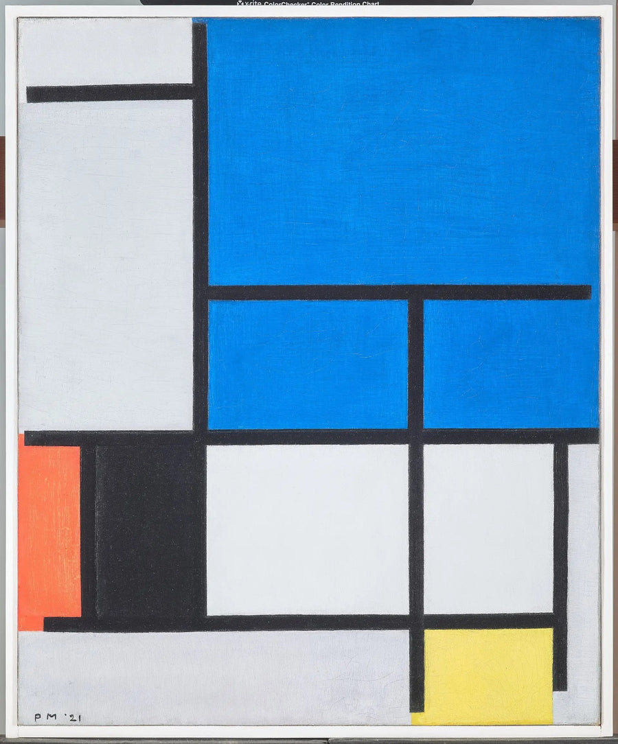 การจัดองค์ประกอบกับเครื่องบินขนาดใหญ่สีน้ำเงิน แดง ดำ เหลือง และเทา - Piet Mondrian