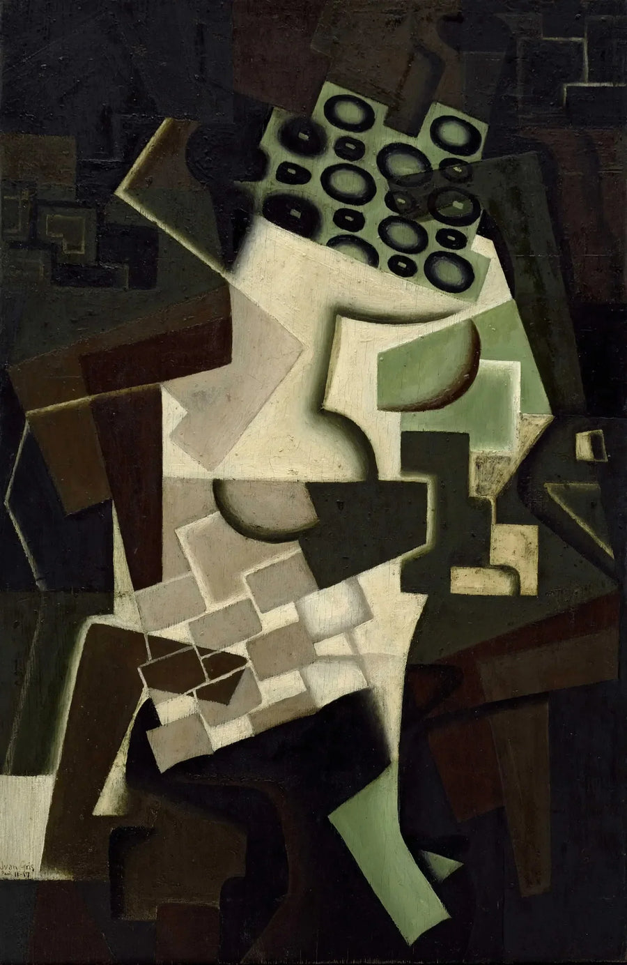 จานผลไม้และผ้าปูโต๊ะลายตาราง - Juan Gris