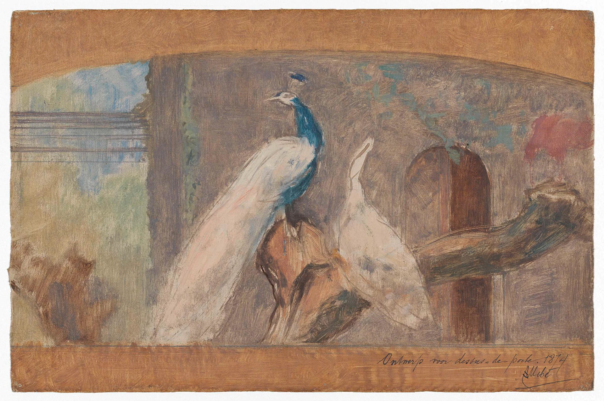 Conception d'un dessus-de-porte : branche avec paon et autres oiseaux - August Allebé