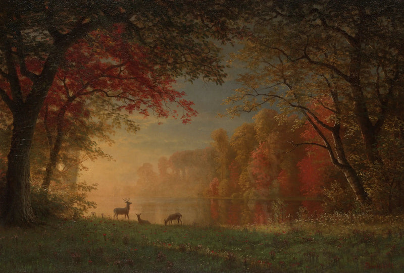 พระอาทิตย์ตกดินอินเดีย: กวางเรนเดอร์ริมทะเลสาบ - Albert Bierstadt