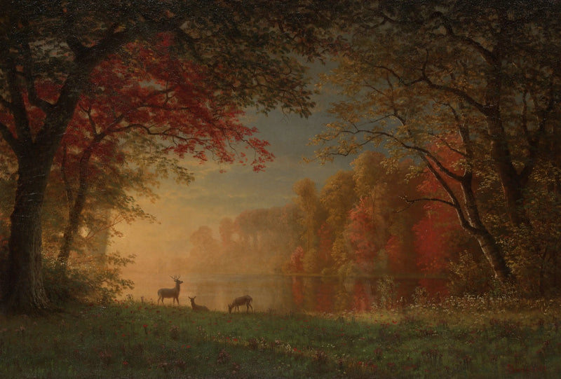 พระอาทิตย์ตกดินอินเดีย: กวางเรนเดอร์ริมทะเลสาบ - Albert Bierstadt
