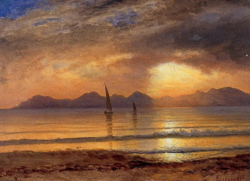 พระอาทิตย์ตกดินบนทะเลสาบในภูเขา - Albert Bierstadt