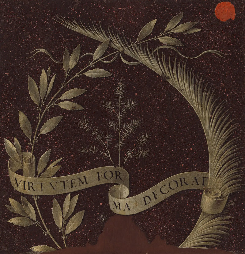 มงกุฎจากใบลอเรล, ใบปาล์ม และต้นไซเปรส พร้อมกับม้วนกระดาษที่มีข้อความว่า Virtutem Forma Decorat [ด้านหลัง] - เลโอนาร์โด ดา วินชี