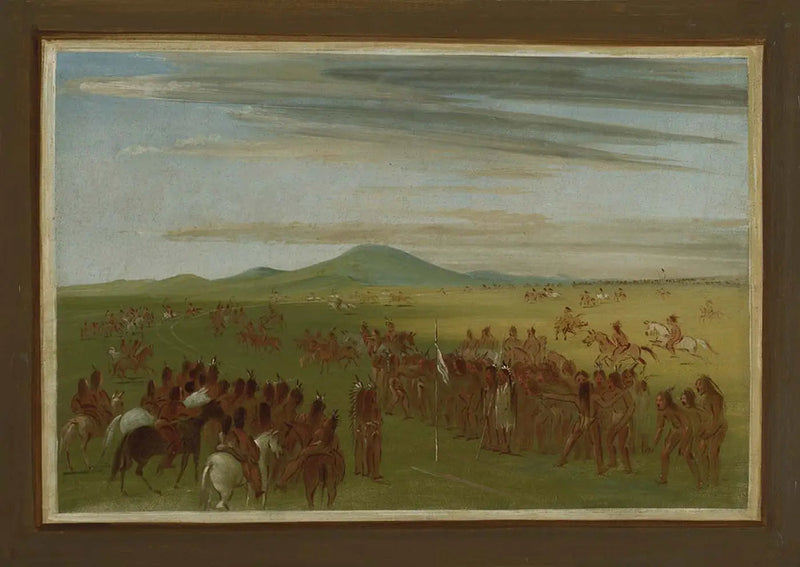 การแข่งขันม้าแข่งบนเส้นทางหลังหมู่บ้าน Mandan - George Catlin
