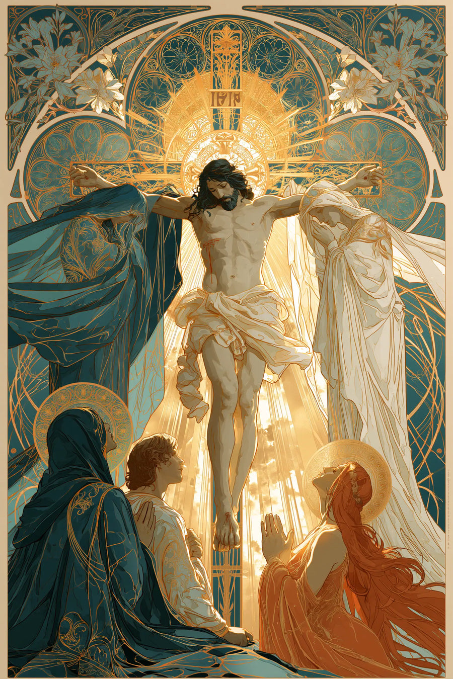 Crucifixion devant un rayonnement d’or avec de grands drapés bleu-vert et ivoire et trois figures en prière dans des tons orange et crème
