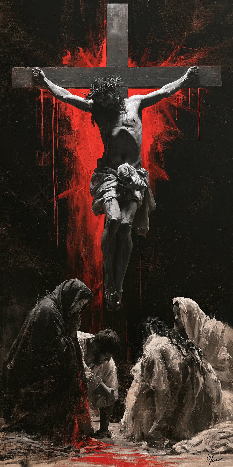 Crucifixion verticale moderne avec une croix rouge saturée dans un espace noir et des figures grises recueillies