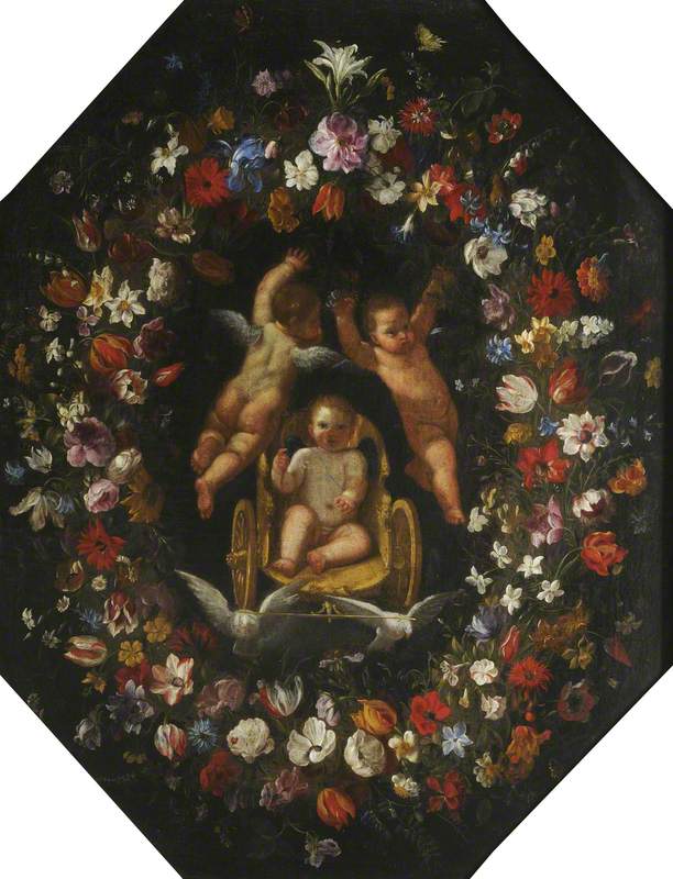 คิวปิดในรถม้า, ล้อมรอบด้วยมงกุฎดอกไม้ - Domenichino