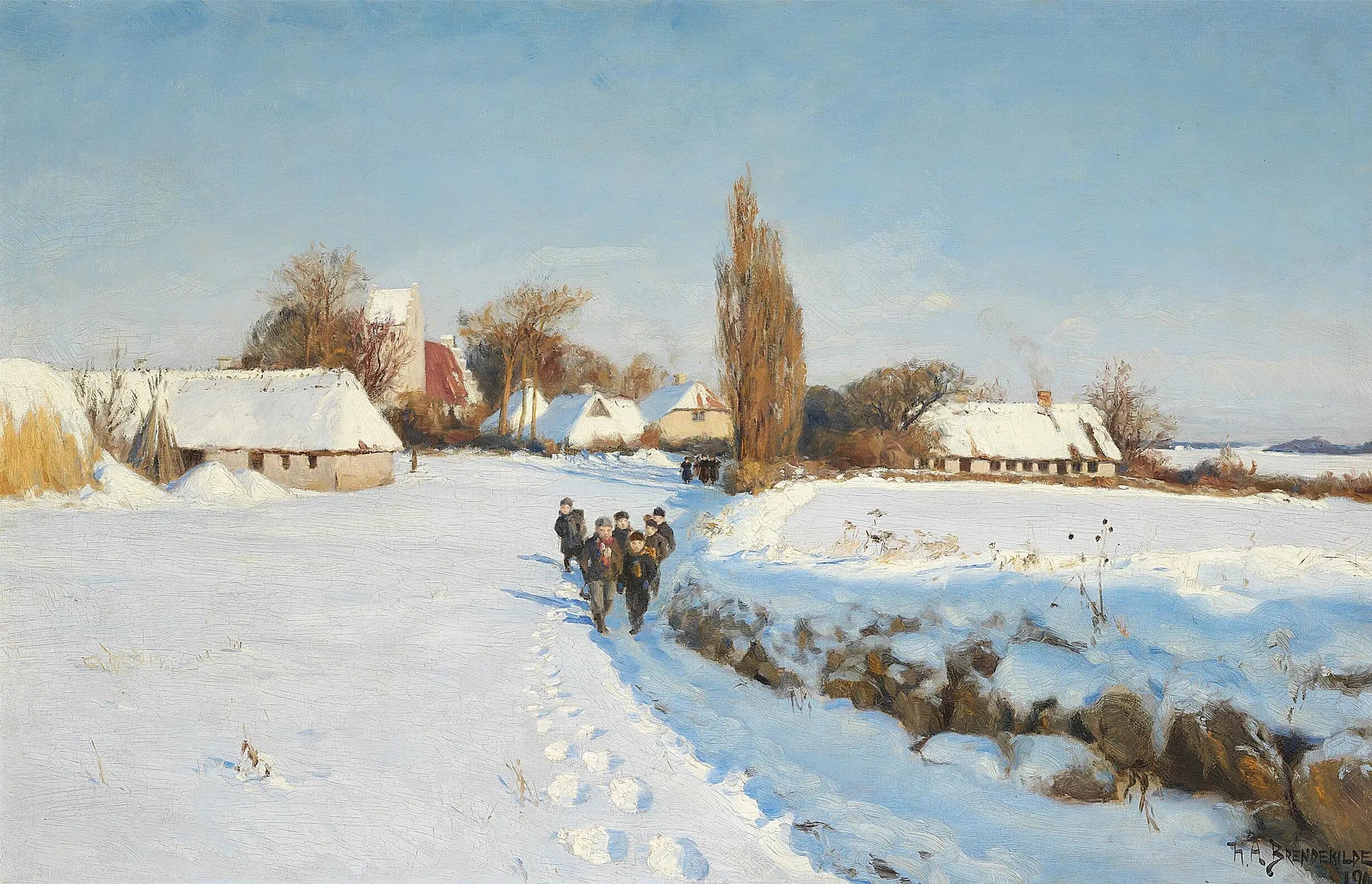 Des écoliers marchent dans la neige lors d’une journée d’hiver ensoleillée. - H. A. Brendekilde - Alpha Reproduction