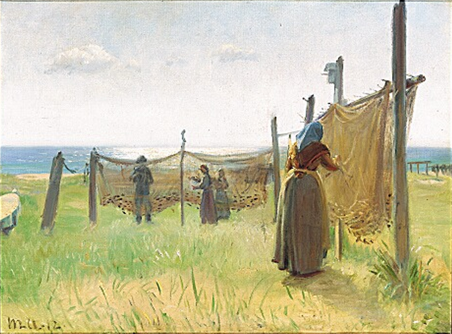 Des femmes pêcheuses réparent leurs filets à Skagen. - Michael Peter Ancher image 1 tableau peint à l’huile sur toile