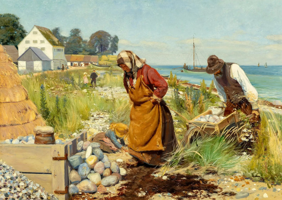 ผู้คนกำลังตัดซากปรักหักพังใกล้ชายหาดที่ Stevns ประเทศเดนมาร์ก - H. A. Brendekilde