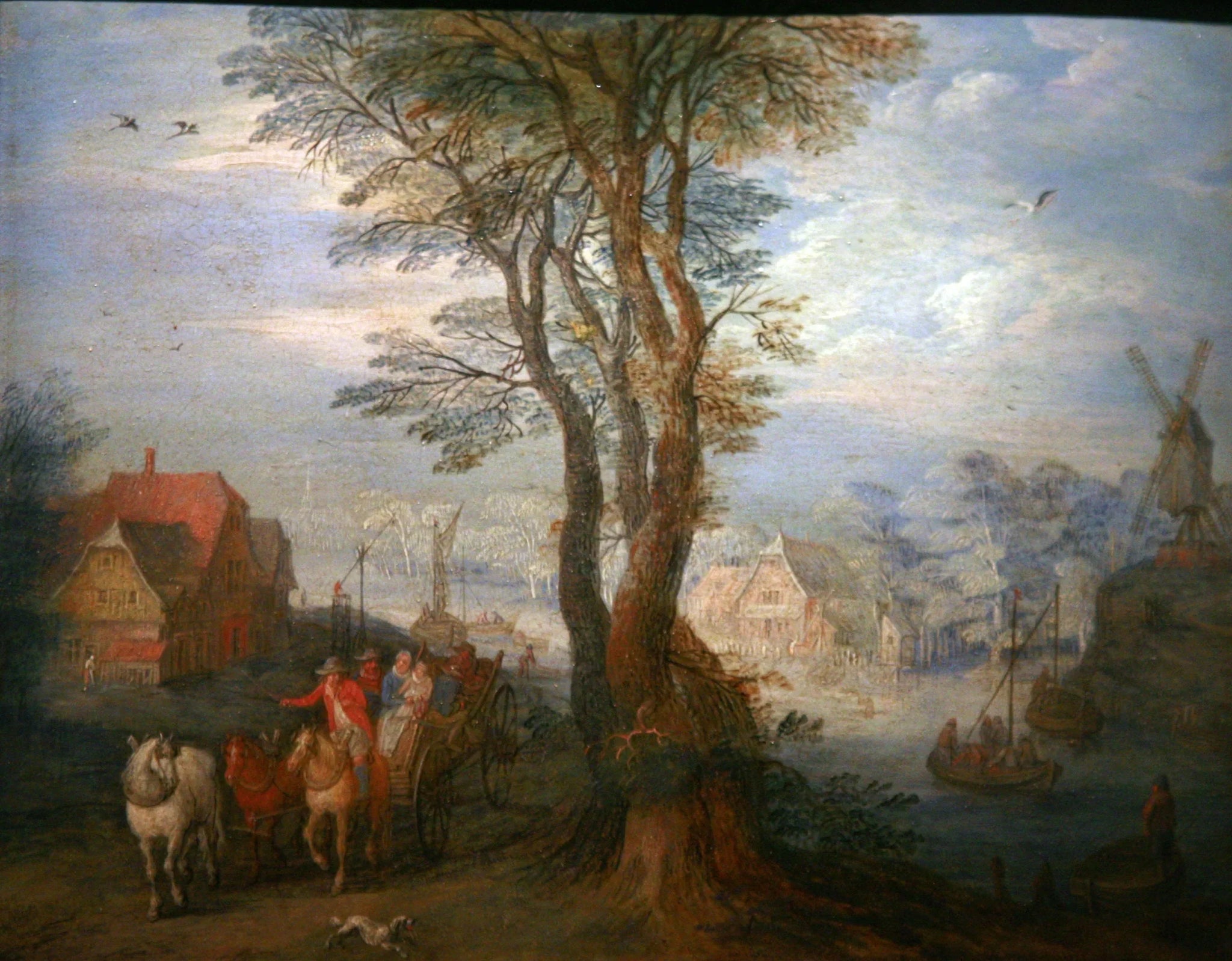 Des paysans sur une charrette près d'une rivière traversant un village - Jan Brueghel l'Ancien image 1 reproduction artisanale de tableau