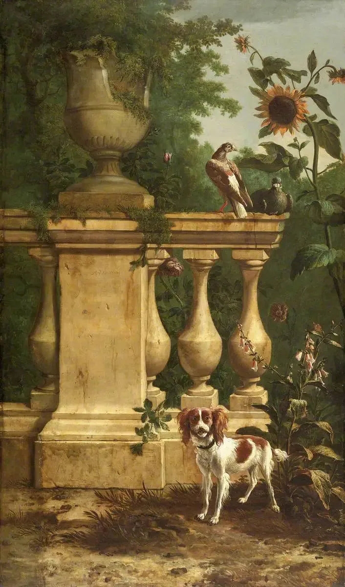 Des pigeons et un chien dans un jardin - Melchior de Hondecoeter image 1 reproduction de peinture à l’huile