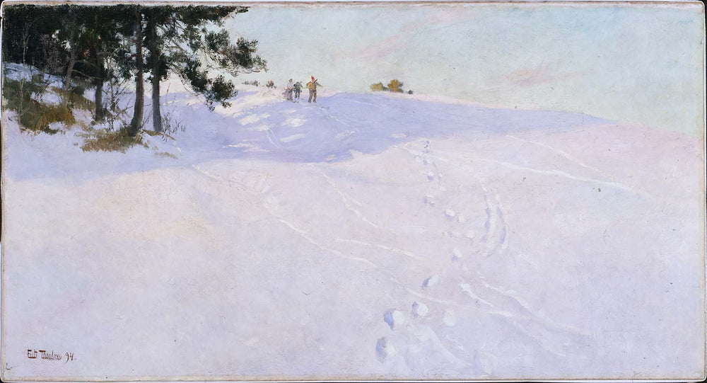 Des skieurs au sommet d'une colline enneigée - Frits Thaulow