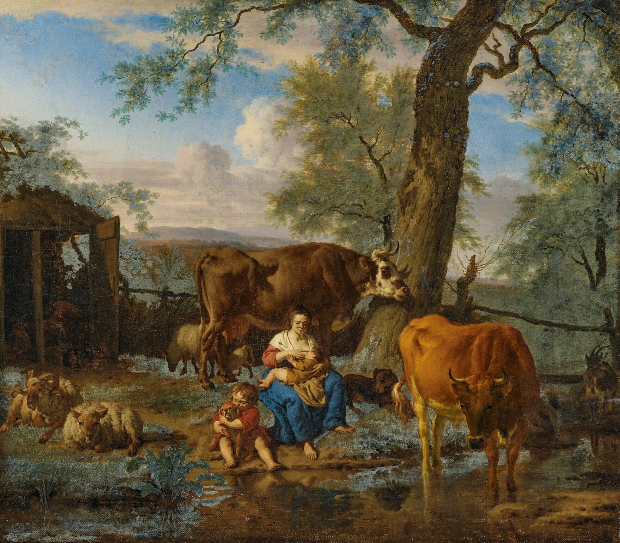 Des vaches allaitent, une femme et un enfant jouent avec un chien. - Adriaen van de Velde image 1 reproduction réalisée par Alpha Reproduction