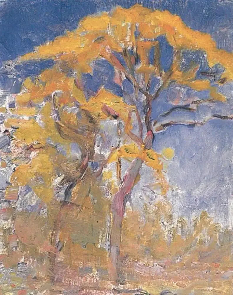 สองต้นไม้ที่มีใบสีส้มกับท้องฟ้าสีฟ้า - Piet Mondrian