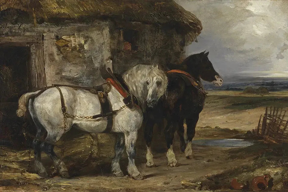 Deux chevaux devant une grange - Eugène Delacroix image 1 copie peinte à la main à l’huile