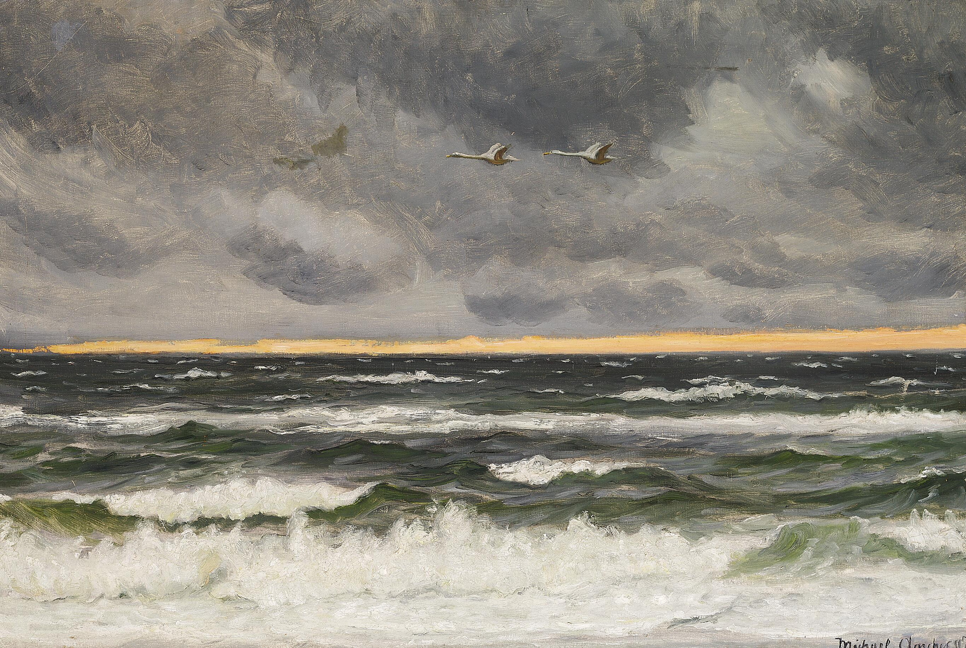Deux cygnes survolant la mer du Nord au coucher du soleil. - Michael Peter Ancher image 1 reproduction artisanale de tableau