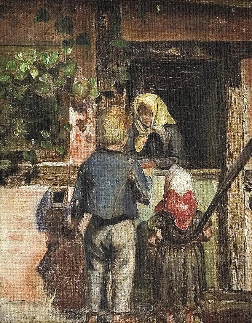 Deux enfants et une vieille femme se tiennent devant une porte. - Anna Ancher image 1 copie peinte à la main à l’huile