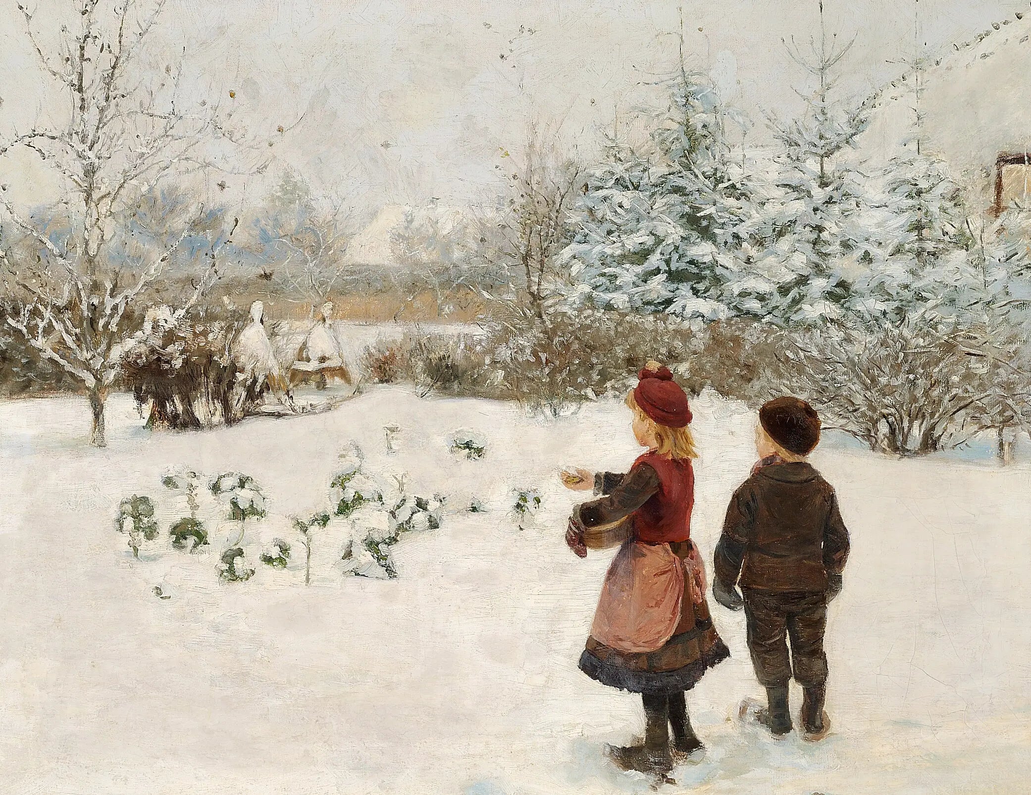 Deux enfants nourrissent des oiseaux dans la neige. - H. A. Brendekilde image 1 reproduction d’œuvre d’art à l’huile