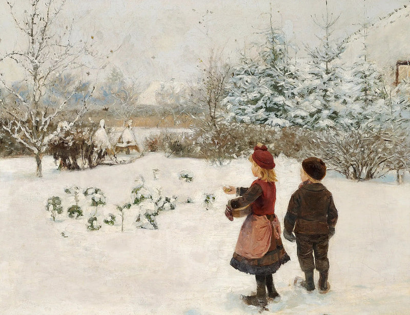 เด็กสองคนให้อาหารนกในหิมะ - H. A. Brendekilde