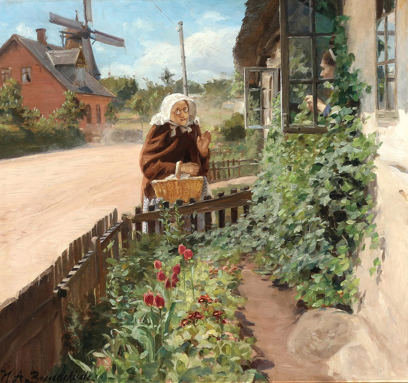 ผู้หญิงสองคนกำลังพูดคุยผ่านหน้าต่าง - H. A. Brendekilde