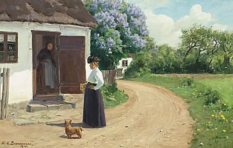 ผู้หญิงสองคนกำลังพูดคุยกันบนถนนในหมู่บ้าน - H. A. Brendekilde