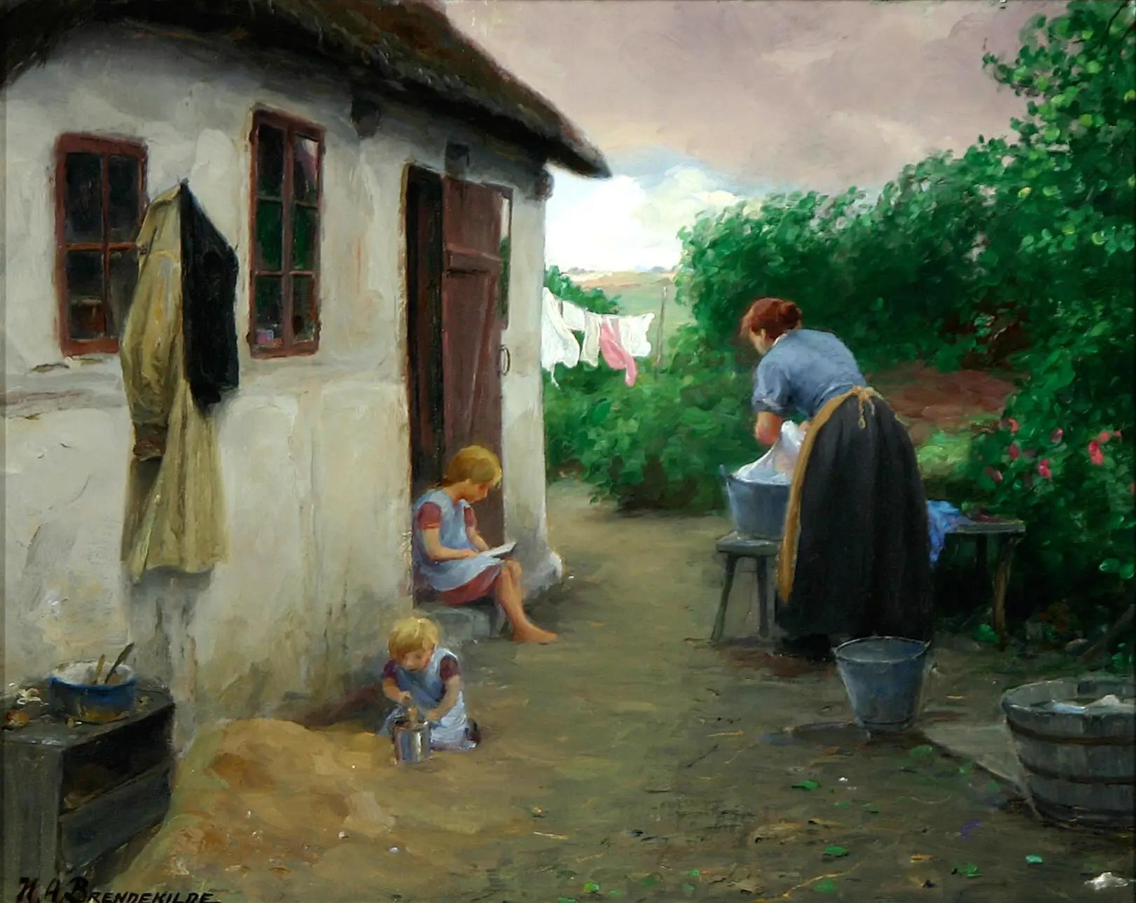 Deux filles et leur mère près d’une ferme. - H. A. Brendekilde - Alpha Reproduction